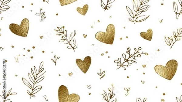 Fototapeta Gold Foil Hearts & Leaves Pattern for Valentine's Day