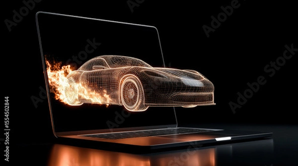 Fototapeta Modern laptop displaying a 3D wireframe hologram of a neon sports car dramatically bursting out of the screen, isolated against a dark black background