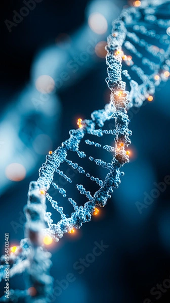 Fototapeta Close-up of a glowing DNA double helix with highlighted methyl groups attached, symbolizing epigenetic modification, on a dark blue scientific background with copy space