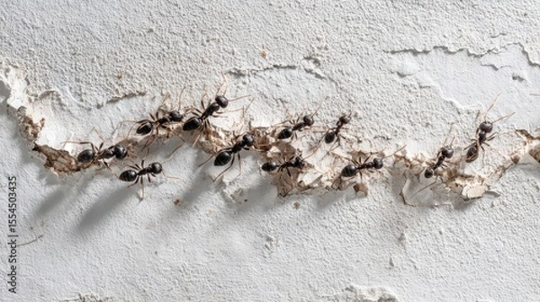 Fototapeta Chain of Ants Traversing a Rough Plaster Wall in Daylight