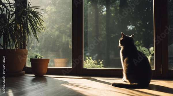 Obraz A cat sits peacefully by a window, enjoying the warm sunlight and serene greenery outside.