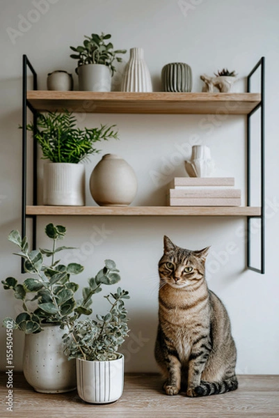 Obraz A cozy home setting featuring a cat and decorative plants on a stylish shelf.