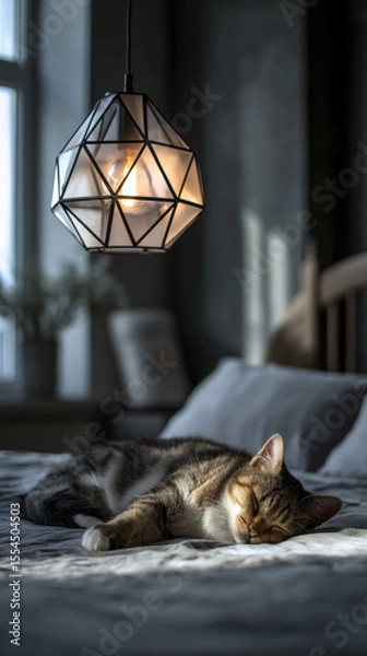 Obraz A cozy scene with a sleeping cat illuminated by a stylish pendant light.