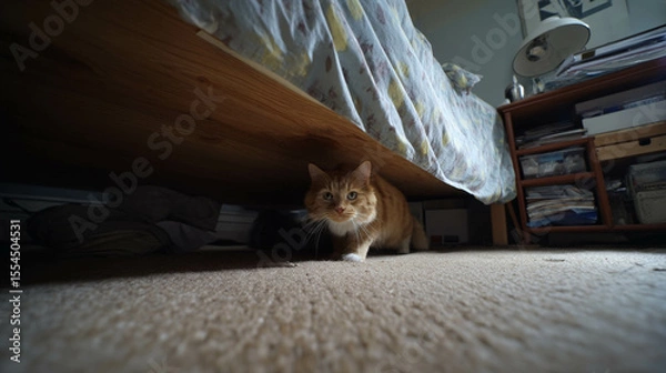 Obraz A curious orange cat exploring beneath a bed in a cozy home environment.