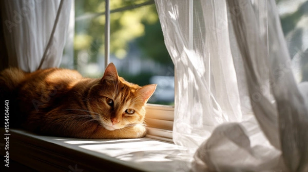 Obraz A serene orange cat lounges gracefully on a sunlit windowsill, enjoying the calm ambiance.
