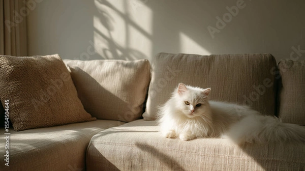 Obraz A serene white cat lounging on a cozy couch, illuminated by soft natural light.