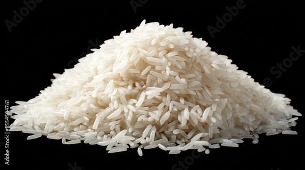 Obraz A pile of uncooked white rice grains is isolated on a black background.