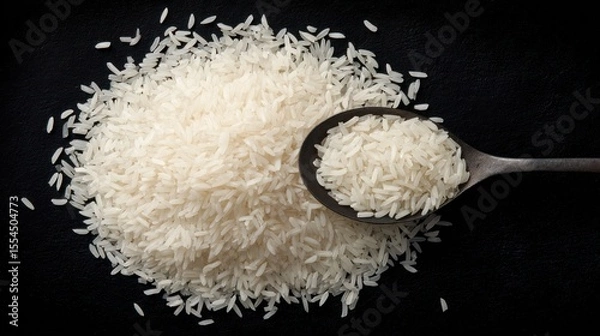 Obraz Pile of uncooked white rice with a wooden spoon on a dark surface.