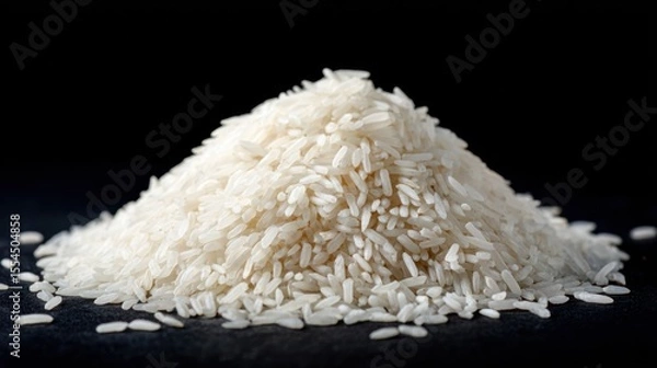 Obraz Pile of uncooked white rice grains on a dark background close up.