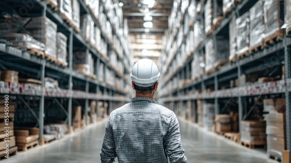 Obraz Man in hard hat walks through a warehouse aisle with stacked boxes.