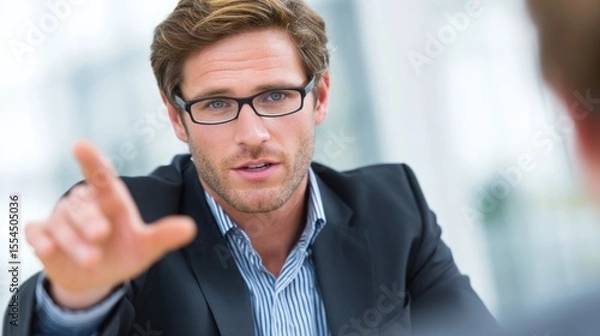 Obraz Man in suit and glasses gesturing during a conversation indoors.
