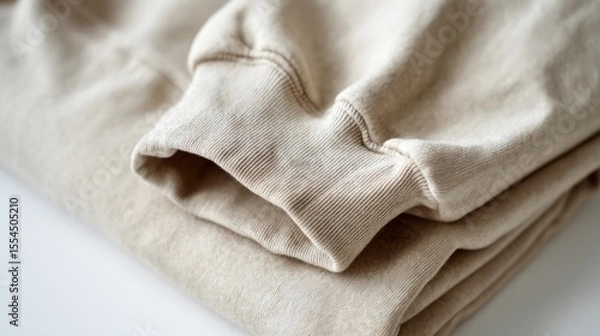 Obraz Close up of a beige sweatshirt sleeve and fabric on a white surface.