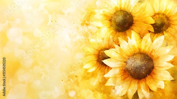 Obraz Sunflower and yellow watercolor background with copy space on a light background. Abstract floral background for banner design.
