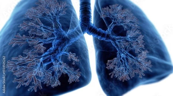 Obraz Lungs illustration showing bronchi and alveoli in blue tones on a white background.