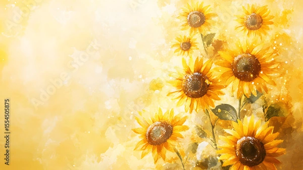 Obraz Sunflower and yellow watercolor background with copy space on a light background. Abstract floral background for banner design.