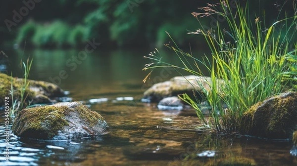 Obraz Small stream flows over rocks with green grass in a natural setting.