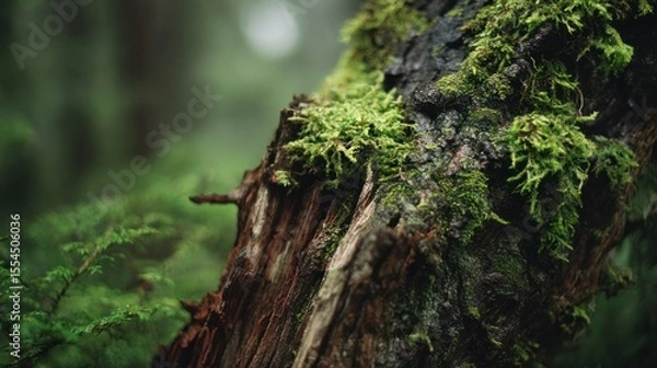 Obraz Tree branch covered in green moss in a forest setting with blurred background.