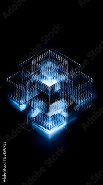 Fototapeta Isometric abstract 3D cube cluster, layered squares forming a node-like structure, minimal futuristic high tech design, black background