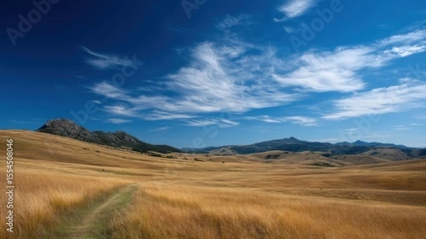 Obraz Grassy field with a path under a blue sky with clouds in nature.
