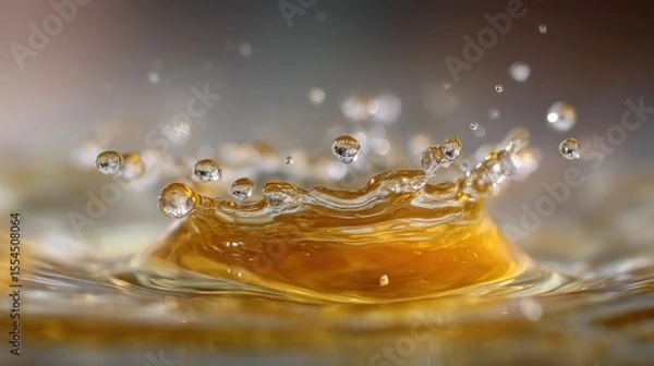 Obraz Water droplets form a crown splash over a liquid surface with orange hue.