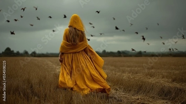 Obraz Woman in yellow dress stands in field with birds flying against cloudy sky.