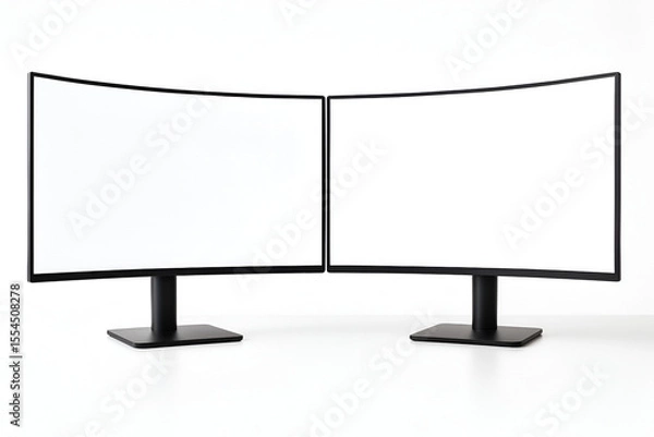Fototapeta Dual Curved Monitors with Black Frames and Stands Displaying Blank White Screens.