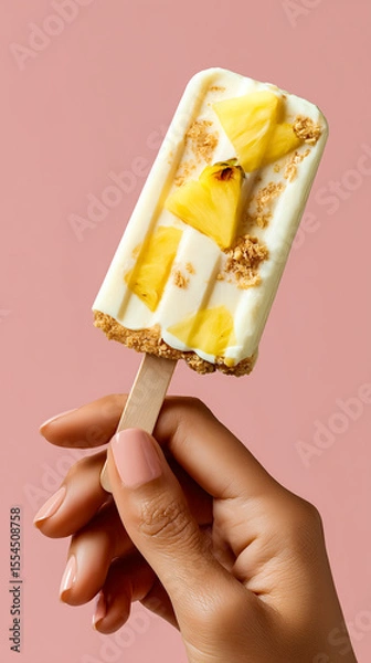 Fototapeta Pineapple popsicle with visible pineapple pieces mixed in creamy white yogurt base, wooden stick, held by a hand against a soft pink background,