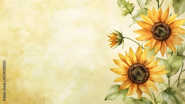 Obraz Yellow sunflowers with green and yellow gradient watercolor painting background. Abstract floral background with empty space.