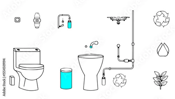 Fototapeta  Smart Bathroom Greywater System Icons – Vector Line Set  vector illustration of a bathroom