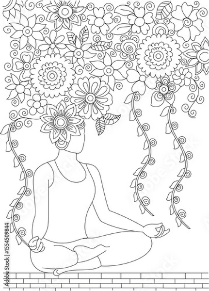 Obraz Tranquil woman meditating in lotus pose, surrounded by an abundance of flowing floral patterns and swirling vines, ideal for mindfulness coloring book pages and relaxation concepts.