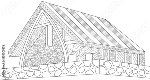 Obraz Abstract Stylized House Line Art with Intricate Zen Doodle Patterns. Black and White Illustration Ideal for Adult Coloring and Relaxation.