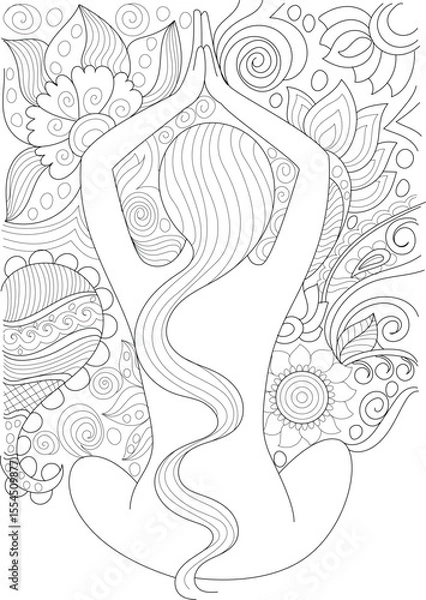 Obraz Mindful Meditation and Relaxation Art for Coloring Books: Detailed Line Art of a Person in Yoga Pose with Intricate Floral Mandala Background for Stress Relief and Zen Practice