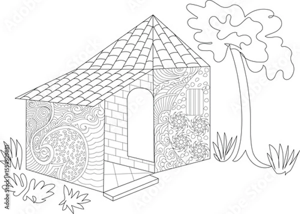 Obraz Intricate Medieval Style House with Ornate Patterns and Tiled Roof, Ideal for Adult Coloring Books, Relaxation, and Creative Artistic Projects - Line Art Illustration for Digital and Print Use.