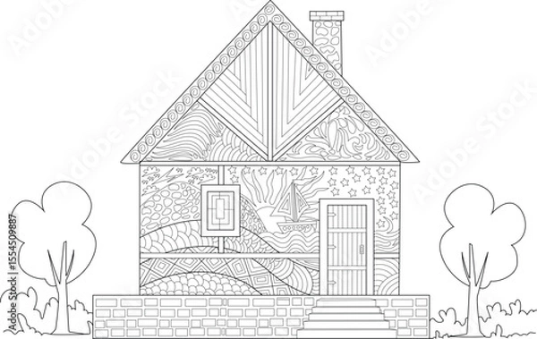 Obraz Intricate Line Art House with Abstract Patterns. Detailed Zentangle Style Building for Coloring Books, Creative Projects, or Decorative Backgrounds. Hand-Drawn Architectural Doodle.