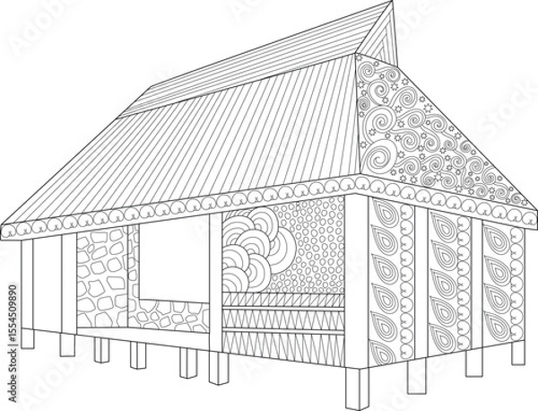 Obraz Intricate Line Art Illustration of a Traditional House on Stilts with Elaborate Patterns for Coloring Books, Adult Relaxing Activities, and Creative Design Projects