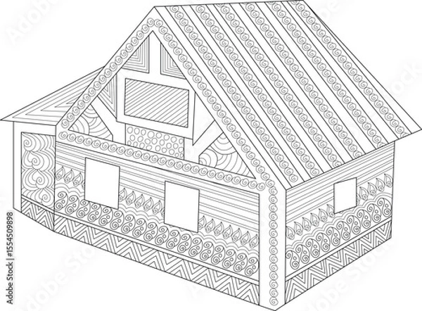 Obraz Intricate Decorative House Line Art Illustration with Zentangle-Inspired Patterns, Ideal for Adult Coloring Books and Mindful Art Activities, Featuring Ornate Architectural Details