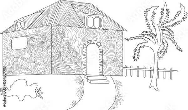 Obraz Captivating black and white line art illustration showcasing a stylized medieval-inspired house adorned with intricate zentangle patterns, perfect for adult coloring books and creative projects.