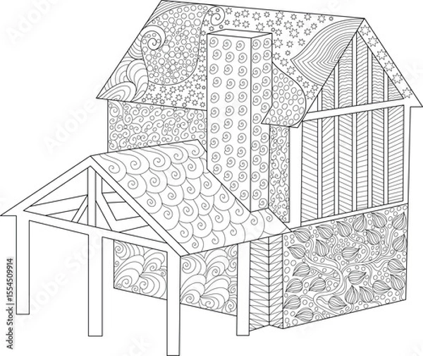 Obraz Stylized Medieval House with Complex Patterns. Adult Coloring Book Outline of a Fantasy Building, Decorative Architecture Doodle Art.