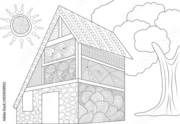 Obraz Detailed Zentangle House Coloring Page with Sun and Tree, Perfect for Adult Relaxation and Stress Relief, Whimsical Fantasy Medieval-Inspired Architecture Line Art Illustration for Creative Hobbies.