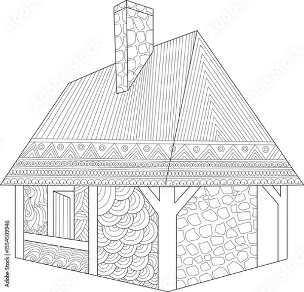 Obraz Ornate medieval house drawing for coloring, with distinct patterns and a stone chimney, historical architecture line art.