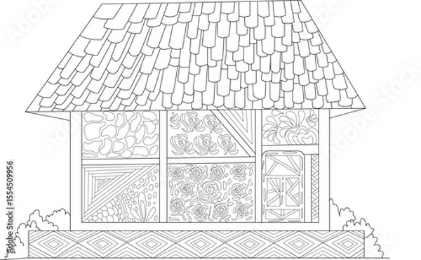 Obraz Stylized medieval house line drawing with complex patterns for coloring. Detailed zentangle and floral motifs on white background.