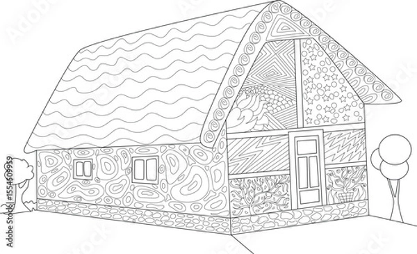 Obraz Whimsical Medieval House Line Art with Abstract Patterns, Ideal for Coloring Pages and Creative Designs.