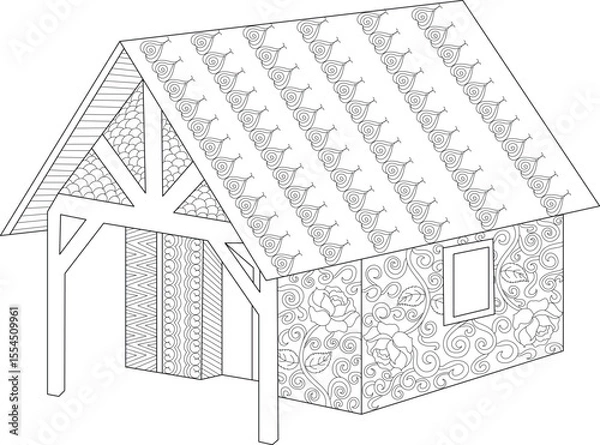 Obraz Detailed line drawing of a decorative fantasy house with intricate patterns on its roof and walls, ideal for coloring and creative projects.