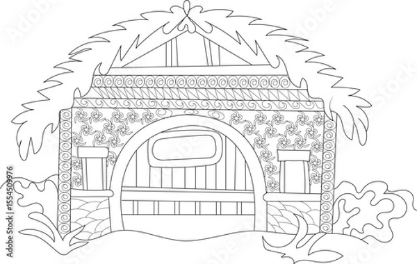 Obraz Intricate medieval house line art drawing with thatched roof and ornate details, ideal for coloring, historical, or fantasy themes.