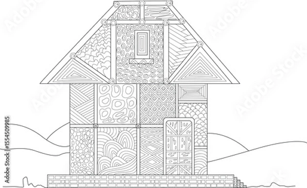 Obraz Intricate Abstract House Line Art with Diverse Patterns for Adult Coloring Books. Detailed Zentangle-Inspired Dwelling Sketch, Ideal for Relaxation, Mindfulness, and Creative Design Projects.