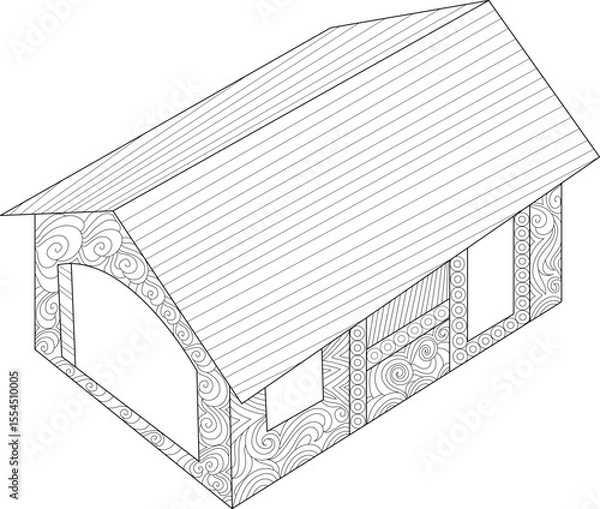 Obraz Intricate Medieval House Line Art with Abstract Patterns. Detailed Black and White Illustration for Coloring Books & Design.
