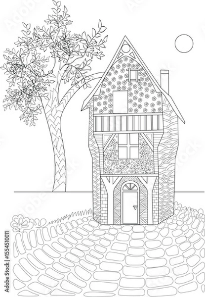 Obraz Black and white outline drawing of a whimsical medieval-style house with a tree and path, ideal for adult and children's coloring.