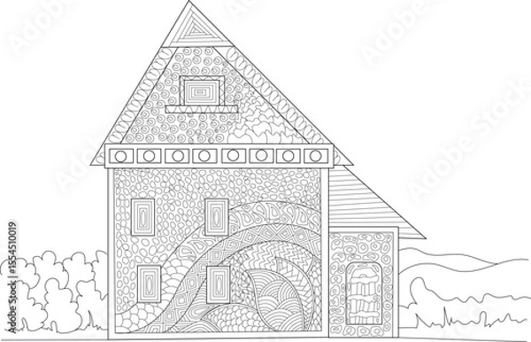 Obraz Ornate House Illustration with Zentangle-Inspired Patterns, Black and White Line Art for Creative Coloring and Mindfulness.