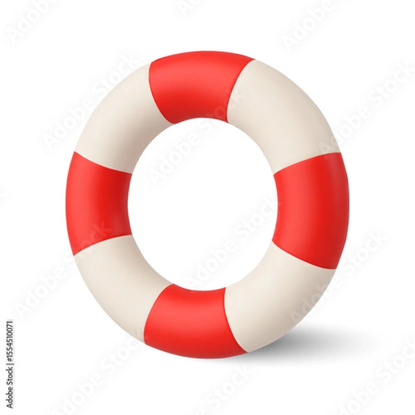 Fototapeta 3d red striped lifebuoy, isolated on white background. Lifebuoy icon in 3d vector illustration. Vector illustration