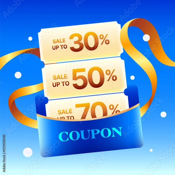 Fototapeta 3d stack of coupons in an envelope with golden ribbons, isolated on background. Voucher stack with coupon code, percentage off in 3d vector. Vector illustration